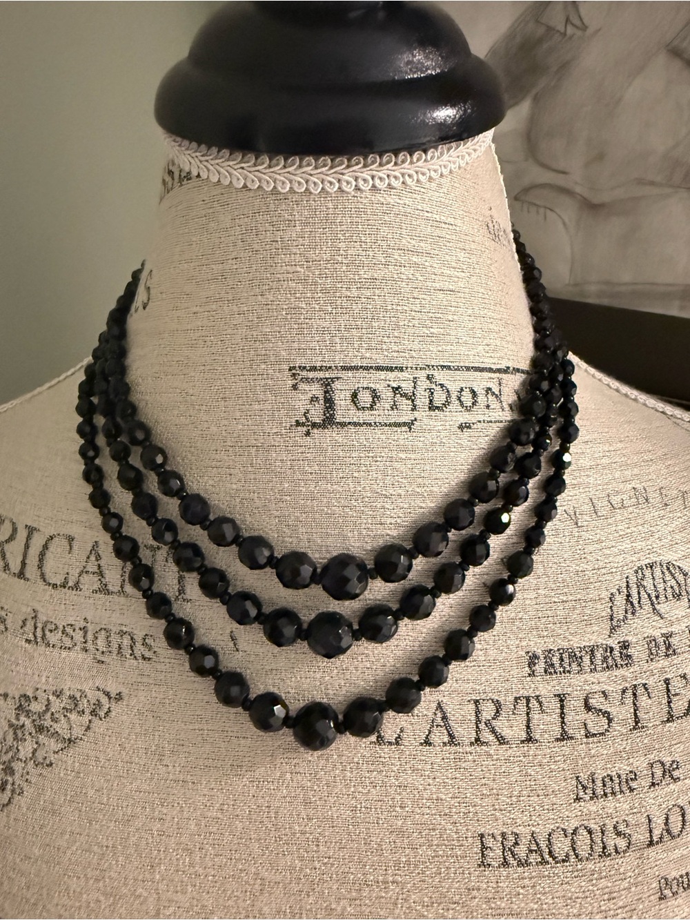 Vintage Austrian Black Glass Faceted Bead Multi-Strand Necklace
